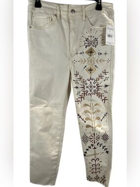 Free People Women's Ivory Graphic Embroidered Folk Raw Hem Jeans NWT Size 32